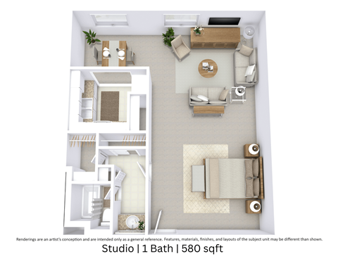 This is a 3D-floor plan providing a detailed, angled view of the space with room layouts, furniture placement, and spatial flow. Features a Studio, 1 bathroom/s, and approximately 580 Sq. Ft